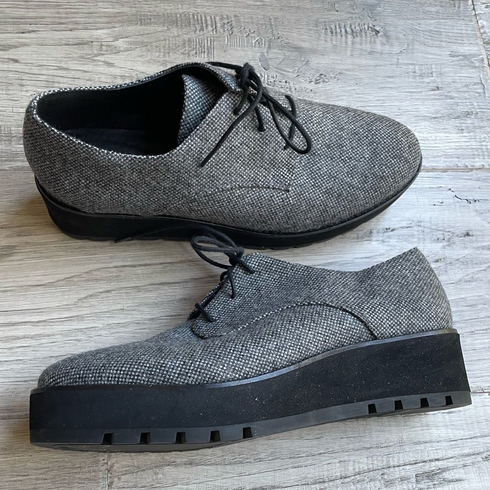 Eileen Fisher Eddy Tweed Platform Oxford Shoe Gray/Black Eclectic Grandpa SZ 10
